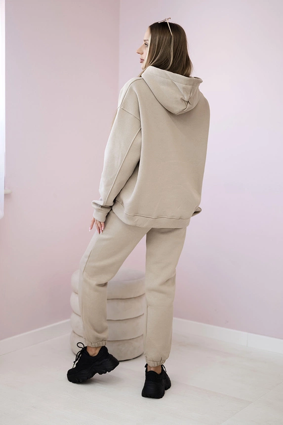Insulated cotton set, sweatshirt with embroidery + pants beige