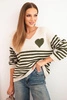 Damenpullover mit Streifen und Herz aus Mohair und V-Ausschnitt khaki