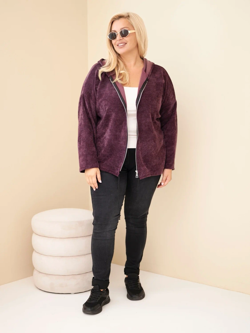 Dámska mikina Plus Size manšestrová s kapucňou a zipsom oversize tmavofialová