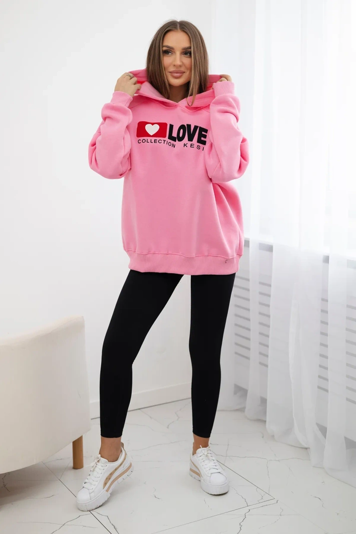 Zateplená bavlněná mikina s kapucí Love světle růžová