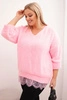 Damen-Set V-Ausschnitt Pullover und Viskosebluse mit Spitzenboden zuckersüß rosa