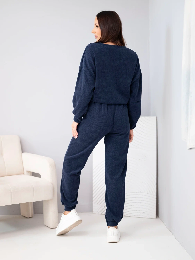 Ribbed viscose women's set with a sweatshirt and pants with a cuff navy blue