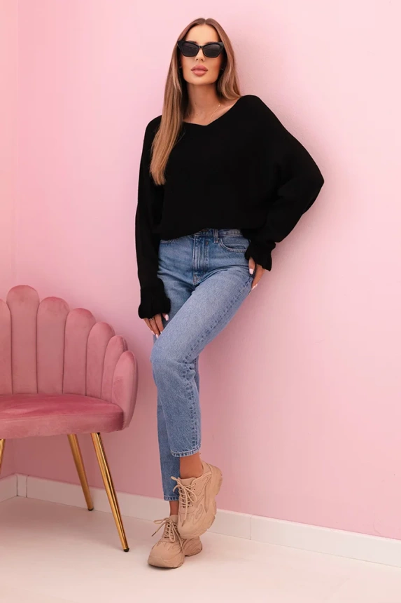 Women's mohair sweater with gathered sleeves and a back cutout black