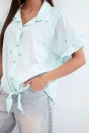 Women's cotton tie-front shirt with floral embroidery mint