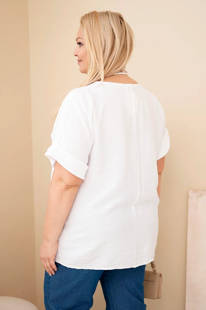 Women's viscose plus-size blouse with short sleeves and decorative neckerchief white