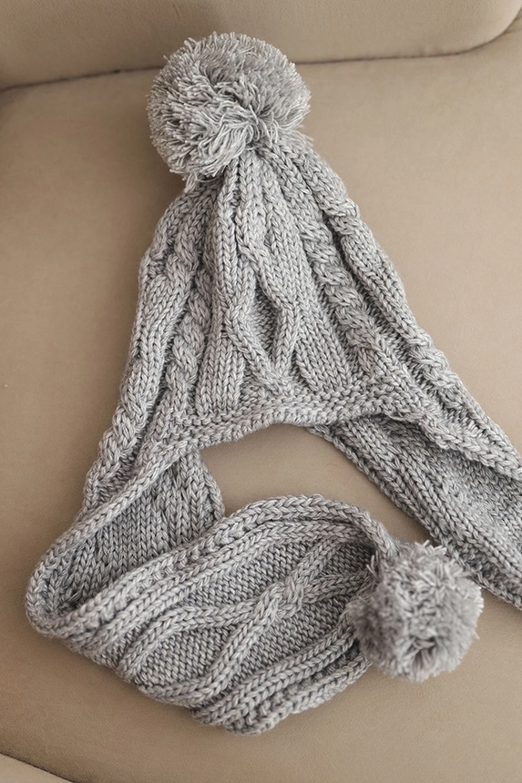 Women's winter wool hat with pom-poms and extended sides K448 gray