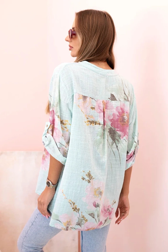 Damenbluse aus Baumwolle mit Blumenmuster und Knöpfen Minze