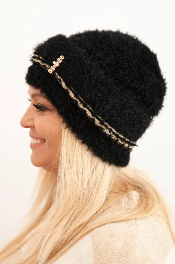 Damen Wintermütze flauschig mit Perlen und dekorativem Muster schwarz