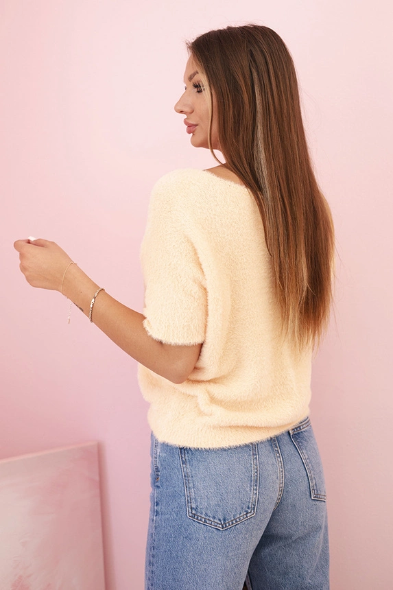 Women's sweater made of soft fleece with a V-neck short sleeves peach