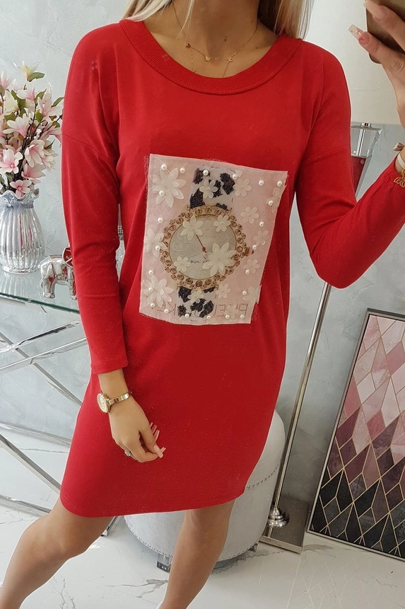 3D Grafik Kleid mit Perlen rot