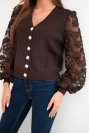 Women's sweater blouse with lace sleeves and decorative buttons brown