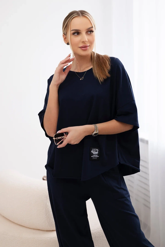 Cotton set blouse + trousers navy blue