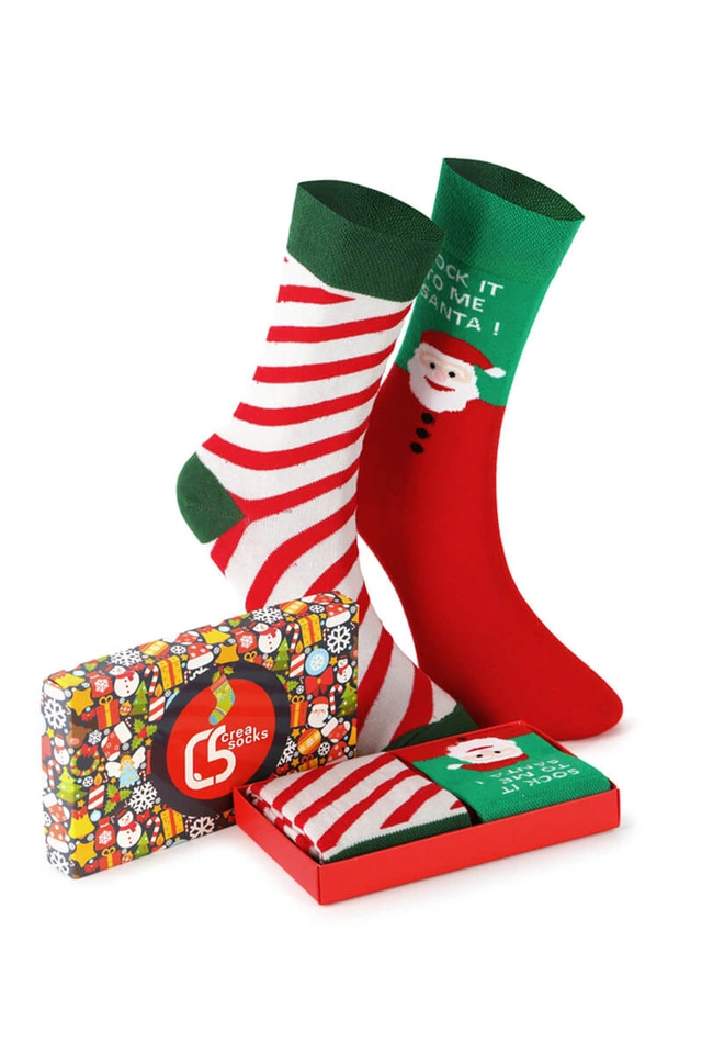Unisex Weihnachtsstrumpfsocken im Karton – Set mit 2 Paaren mit dem Weihnachtsmann und Streifen