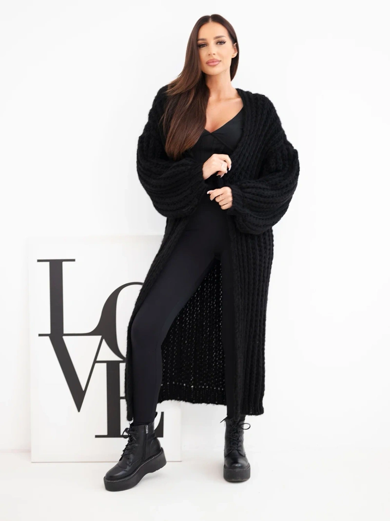 Long women's openwork long cardigan without fastening with wide sleeve black