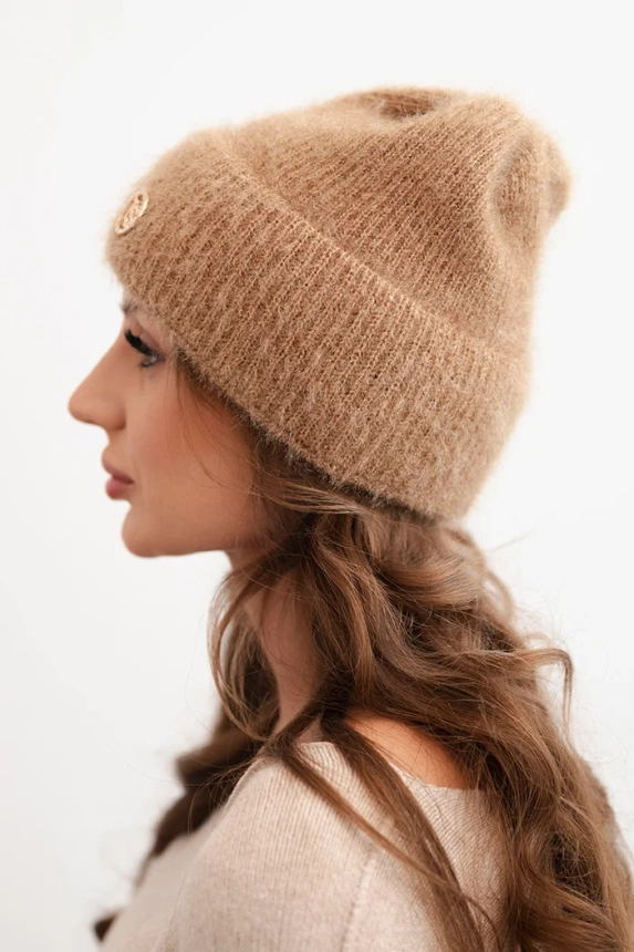 Women's winter fluffy hat with decorative button camel