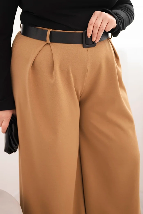 Dámske nohavice Plus Size so širokým nohavcom a pásom camelové