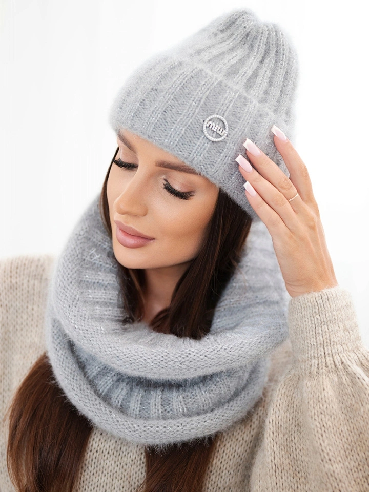 Damen-Set Mütze und Loop aus Strick grau