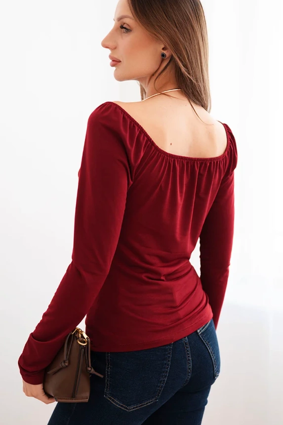 Women's blouse with draped neckline and long sleeves burgundy