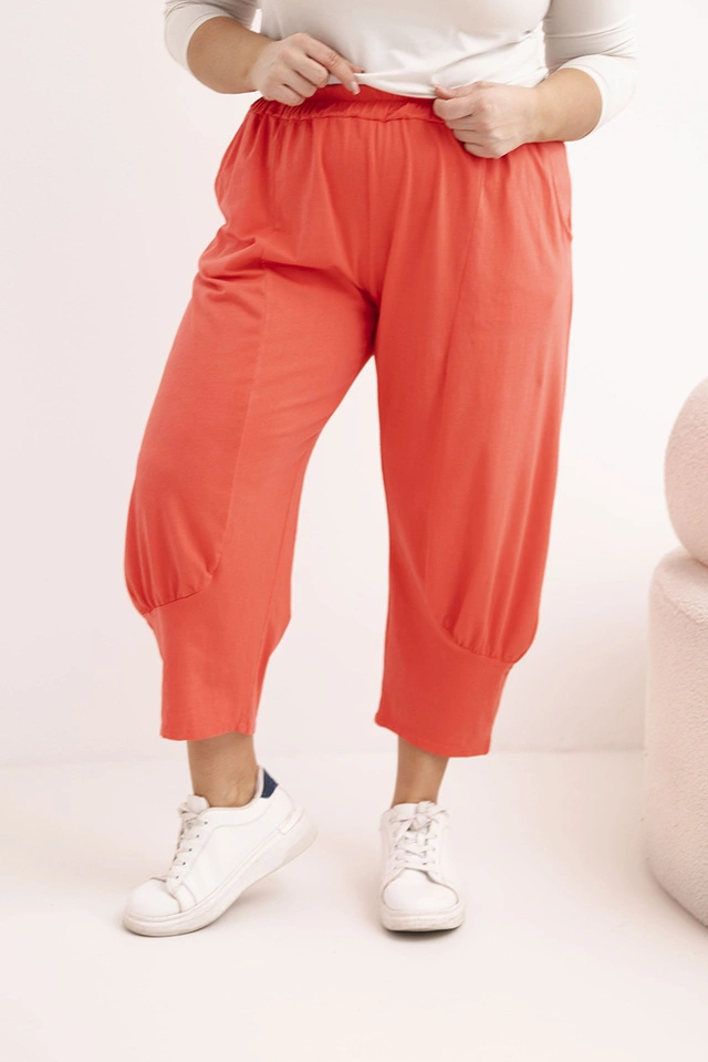 Plus Size women's pants with a low crotch and an elastic waistband coral