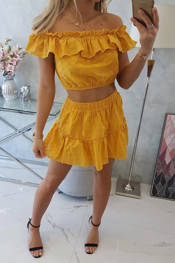 Besticktes Set mit Paillettenbluse senf