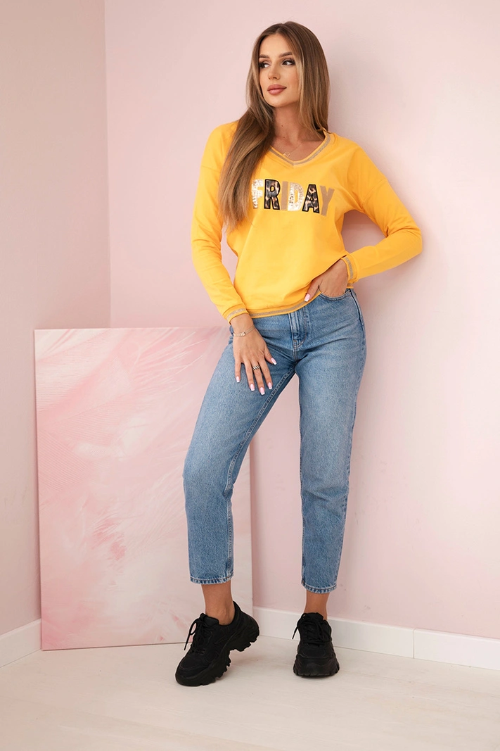 Women's sweatshirt with a sequin inscription mustard