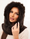 Women's knit hooded hat with fur and neck cover brown