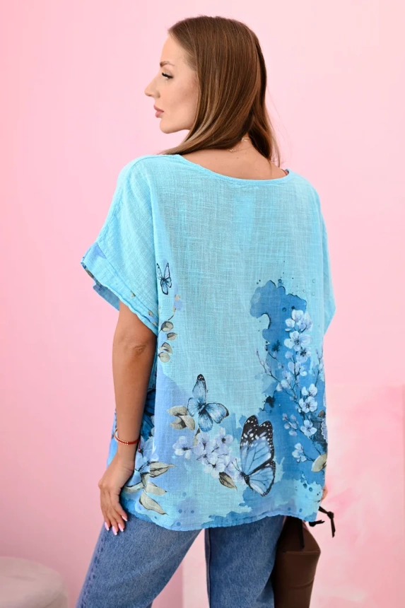 Women's cotton shirt with butterflies and flowers turquoise