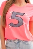Women's cotton short-sleeve blouse with a patch and pearls neon pink