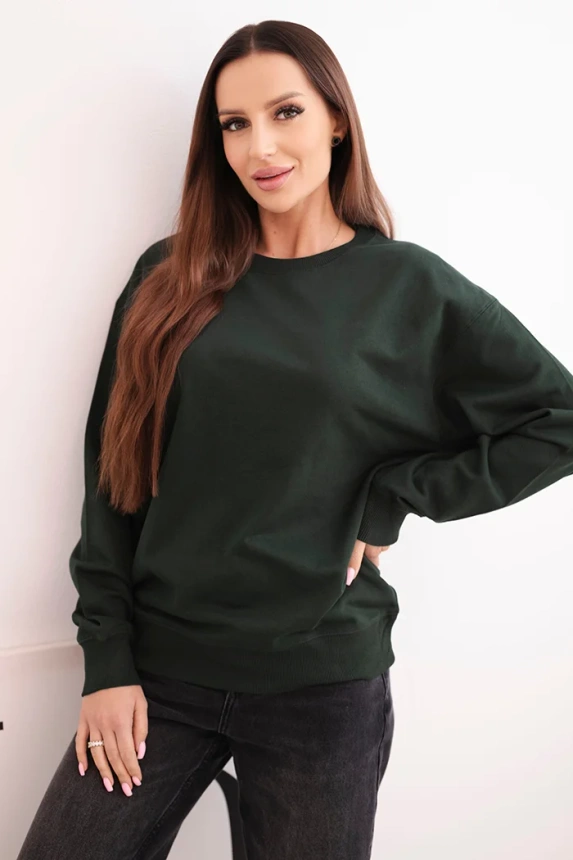 Women's basic cotton looped sweatshirt with a round neckline dark green
