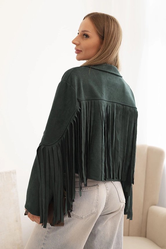 Women's jacket with fringes made of suede dark green