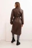 Trencz damski z ekoskóry z paskiem i kołnierzem brązowy