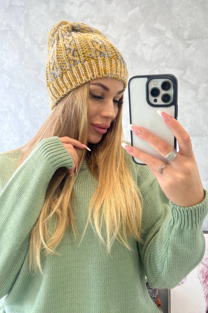 Melisa vilnonė kepurė K241 mustard+grey