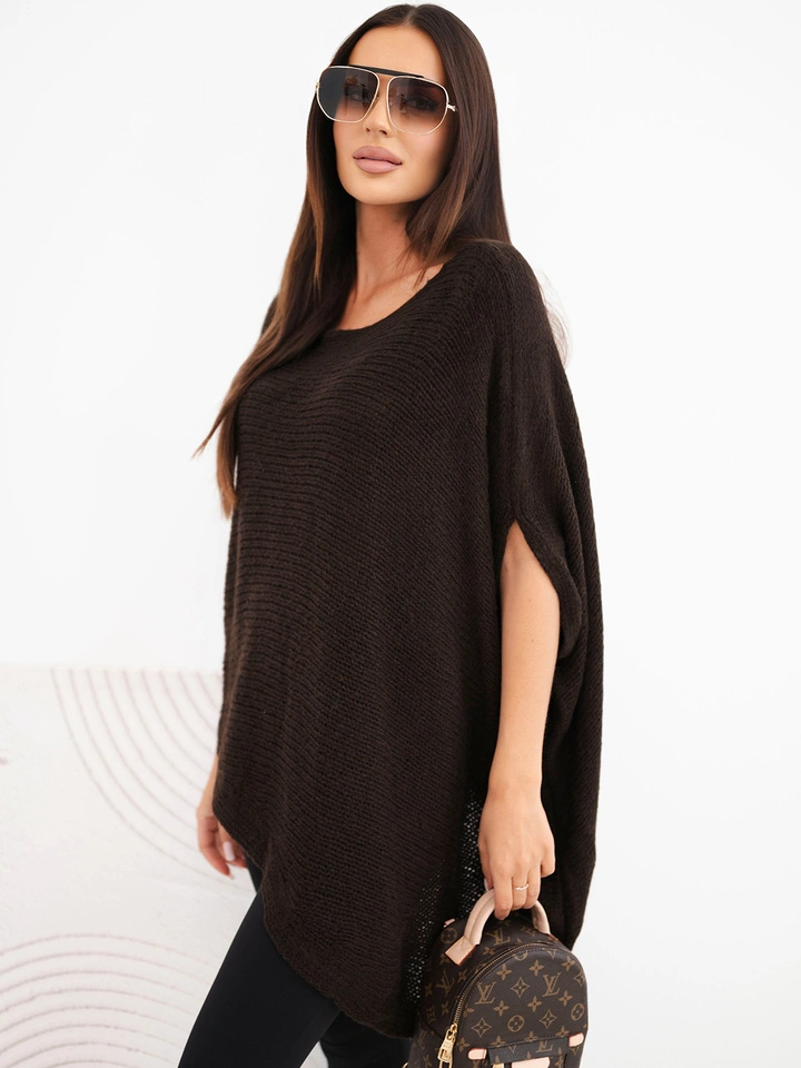 Women's asymmetrical poncho sweater with mohair and wide neckline brown