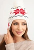 Women's winter wool hat with snowflake motif and pom-pom K450 white + red