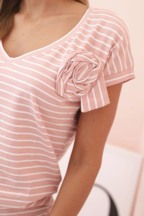 Damenbluse aus Baumwolle mit V-Ausschnitt gestreift dunkelpudriger Rosa