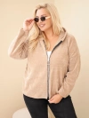 Dámská mikina Plus Size manšestrová s kapucí a zipem oversize camelová