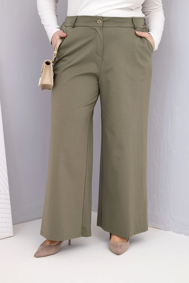 Dámské kalhoty Plus Size s širokým nohavicí a vysokým pasem khaki