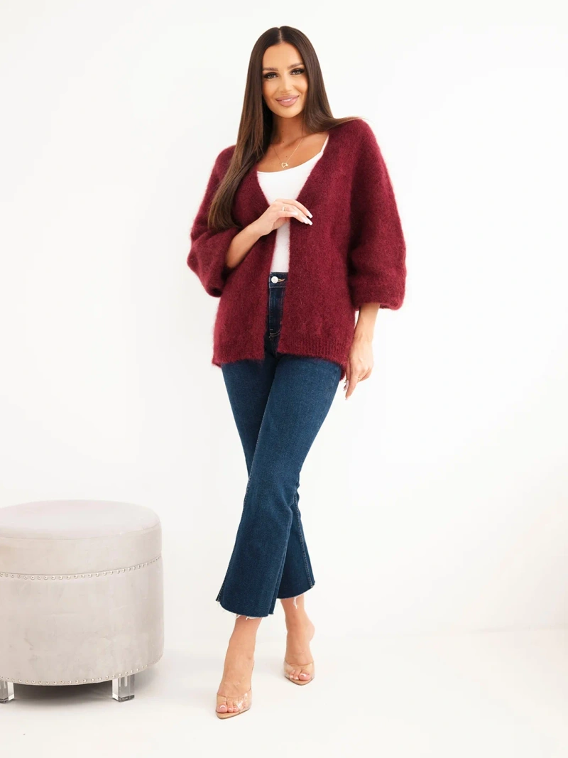 Women's sweater made of 80% kid mohair with a loose fit without fastening burgundy red
