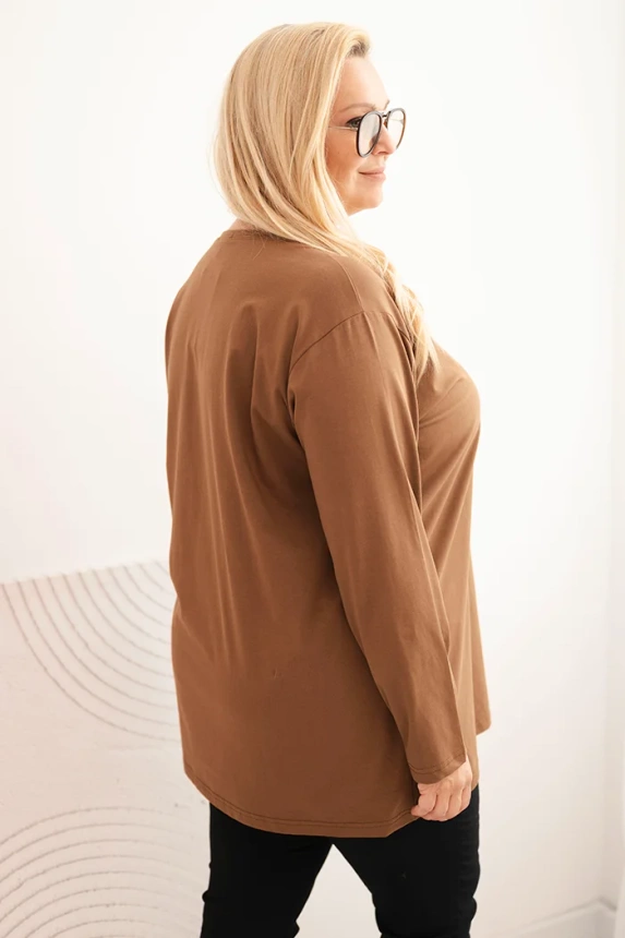 Moteriška bluzonė Plus Size su V formos iškirpte ir ilgomis rankovėmis ruda