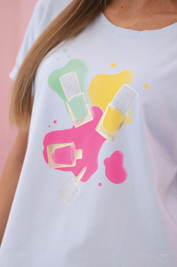 Moteriška medvilninė marškinėliai trumpomis rankovėmis su spalvotu spaudiniu mėlyna