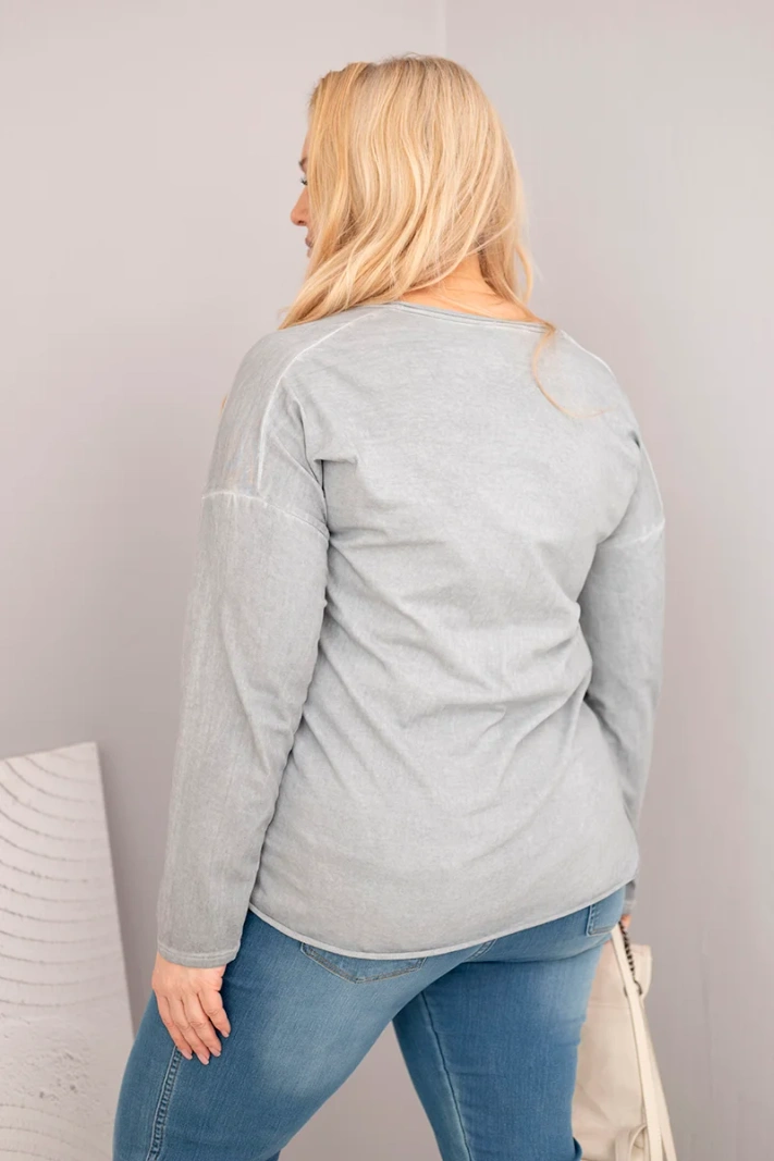 Women's Plus Size V-neck distressed blouse with a longer back gray