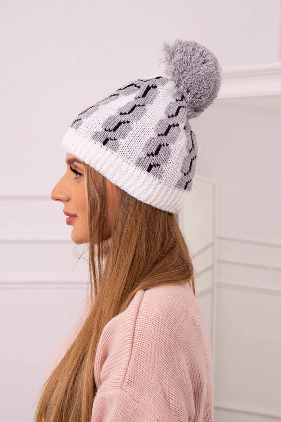 Cap with a pompom Rozalia K323 grey+white