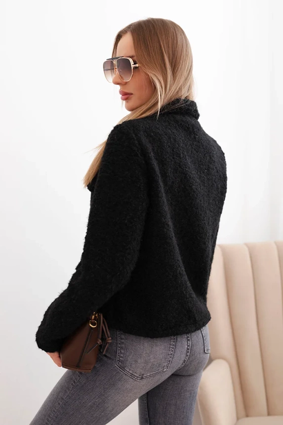 Women's jacket with fluffy wool texture and decorative buttons black