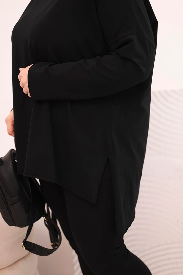 Moteriška Plus Size asimetriška palaidinė su ilgomis rankovėmis juoda