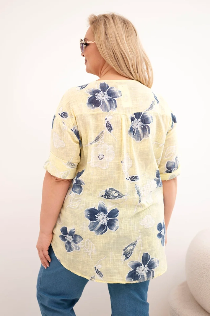 Women's cotton plus-size blouse with floral pattern yellow