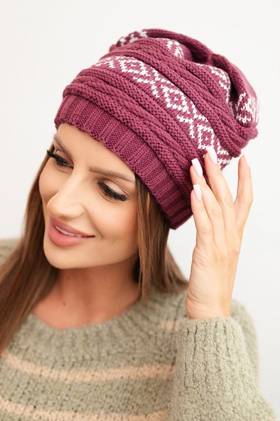 Women's winter hat with pattern and wool K425 dark purple