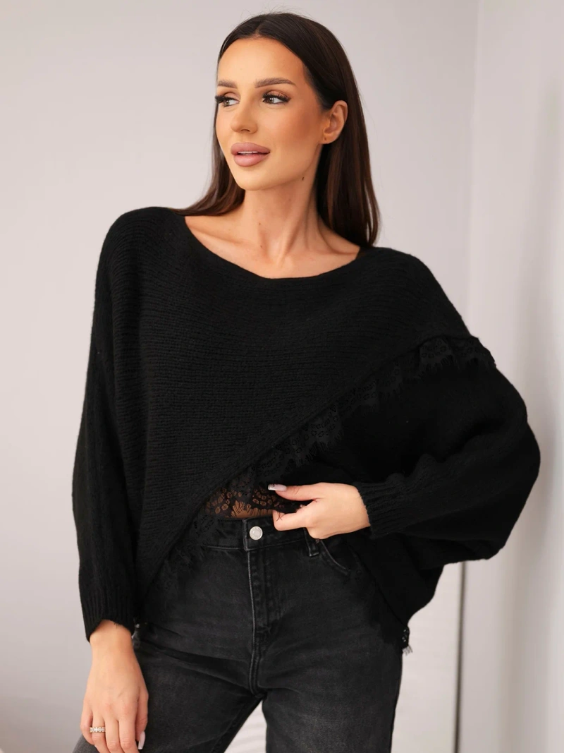 Women's asymmetric sweater with lace insert black