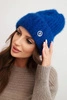 Women's winter hat made of fluffy knit with an elegant button cobalt blue