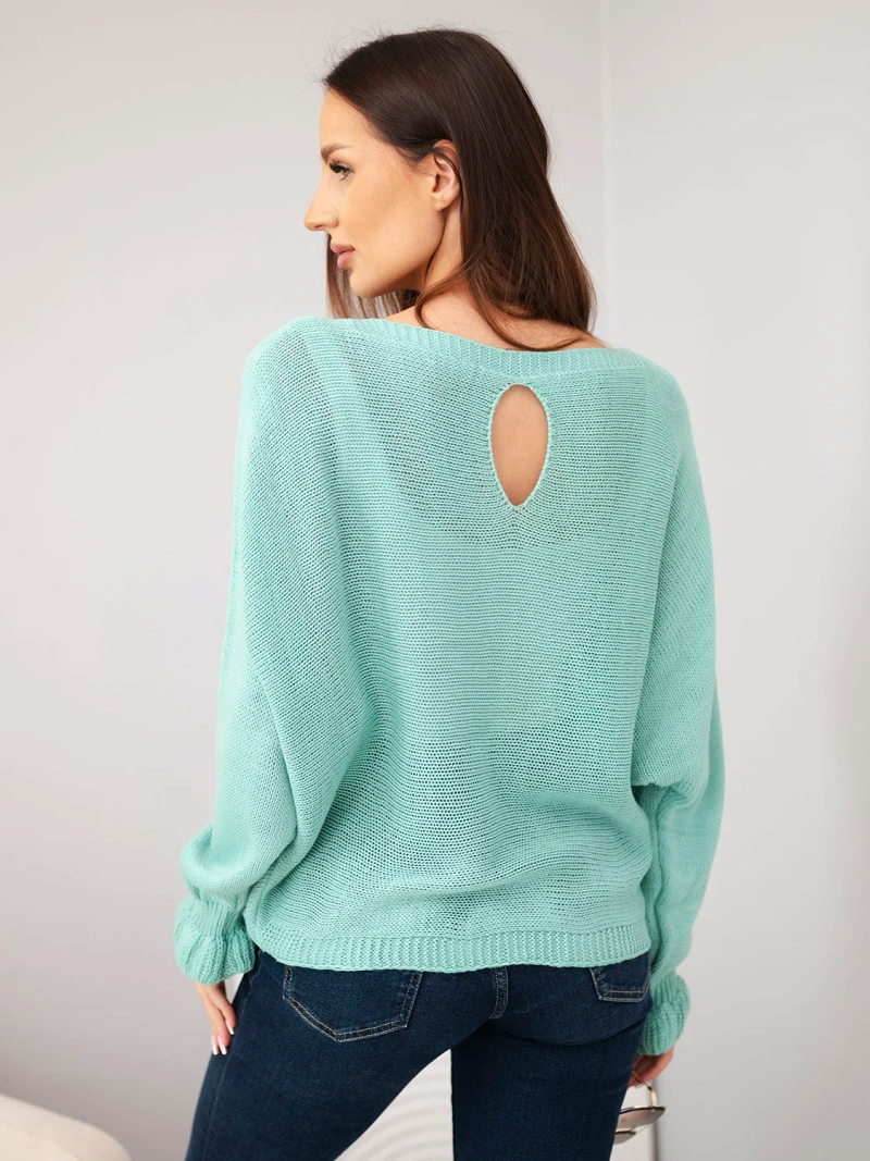 Women's mohair sweater with ruched sleeves and back cutout dark mint