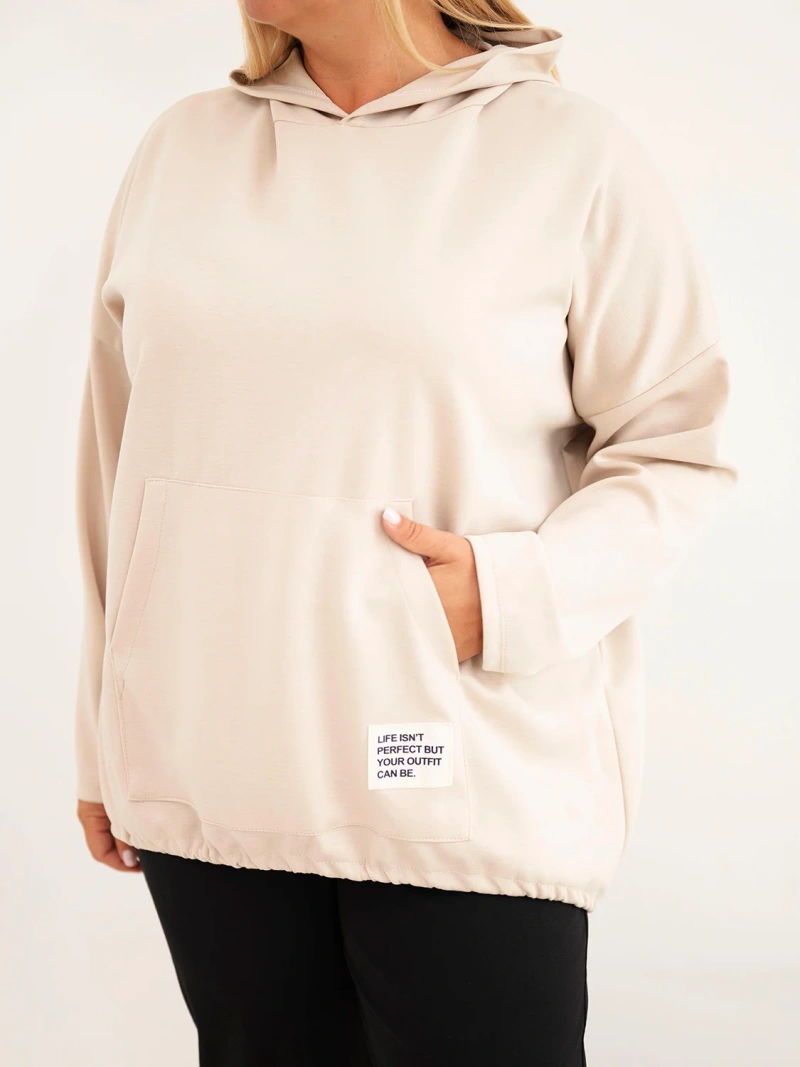 Damen Plus-Size-Viskosekapuzenpullover mit Kängurutasche beige
